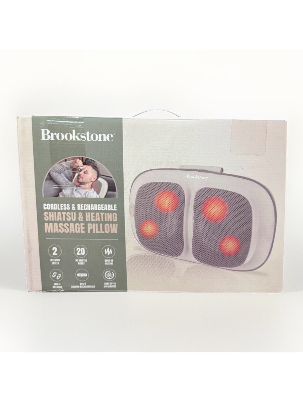 (RB) Brookstone Cordless Shiatsu Massage Pillow with Heat Neck & Back Massager